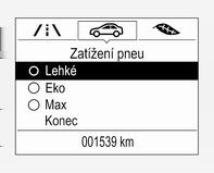 Toto nastavení je reference pro výstrahy ohledně tlaků v pneumatikách. Nabídka Zatížení pneu se zobrazí pouze tehdy, pokud vozidlo stojí a je zabrzděna parkovací brzda.