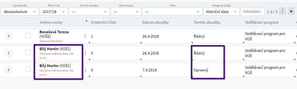 Pokud žák v řádném termínu neprospěl, budem mít v modulu Zkoušky řádek k Řádné zkoušce a přes modré +