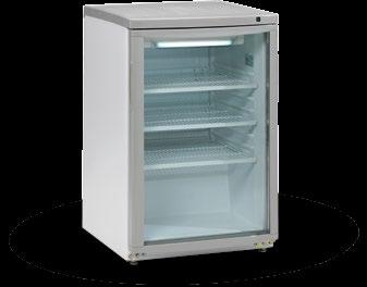 Chladicí skříň prosklené dveře m 85 ventilované automatické odtávání digitální termostat chladivo R600a 3 výškově nastavitelné rošty snadno vyměnitelné těsnění napětí 30 V / 50 Hz Kapacita 115 ks