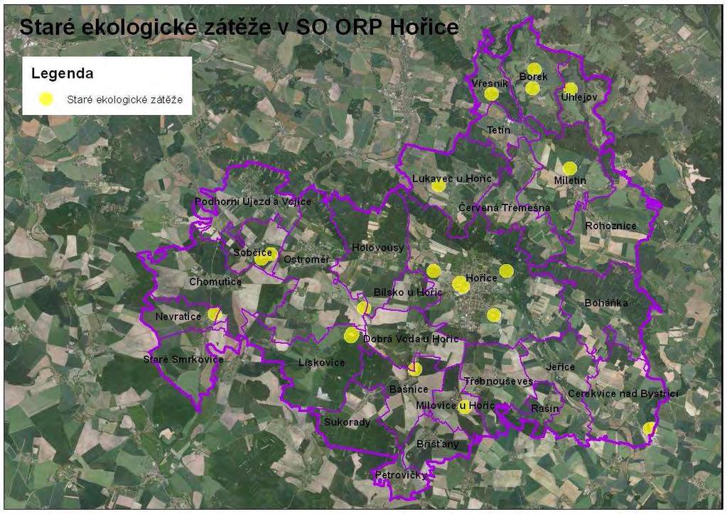 Obrázek č. 3.3.2: Staré ekologické zátěže v SO ORP Hořice Zdroj: Data ÚAP, 2012 Dále uvádíme základní informace vycházející z dotazníkového průzkumu.