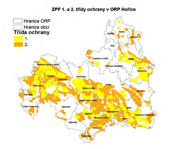 Obrázek č. 3.5.1: Půdy I. a II. třídy ochrany Zdroj: ÚAP, 2012 3.5.2 Pozemky určené k plnění funkce lesa 3.5.2.1 Plochy lesa ORP Hořice je podprůměrně lesnatým územím lesnatost dosahuje 20,9 %.