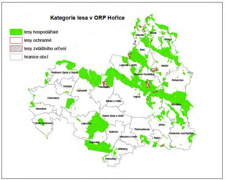 Obrázek č. 3.5.2: Kategorie lesa Zdroj: Data ÚAP, 2012 3.5.2.2 Přírodní lesní oblasti Lesy na území SO ORP Hořice jsou zařazeny dle Oblastních plánů rozvoje lesa (lesní zákon č.289/1995 Sb.