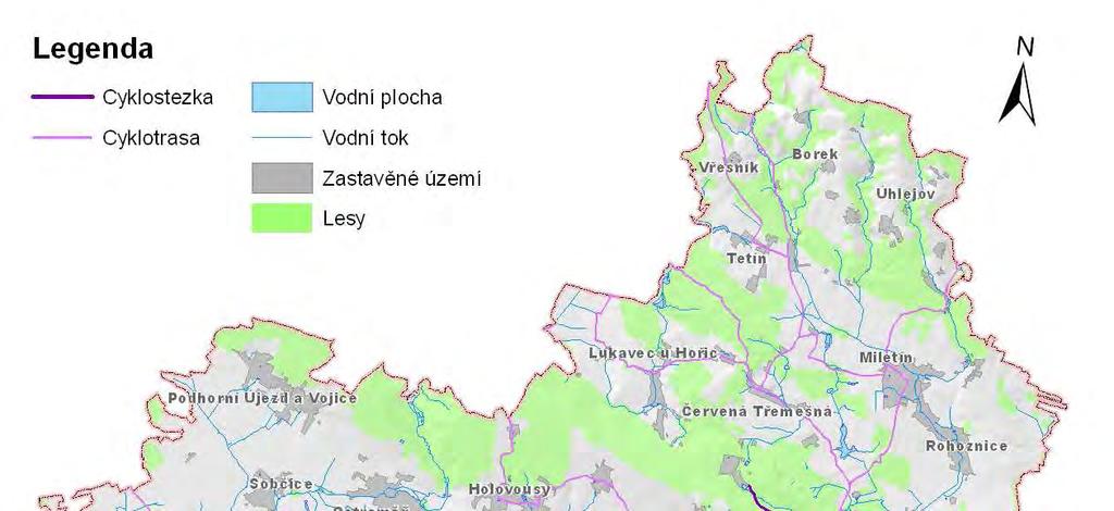 Obrázek č. 3.6.5: Síť cyklostezek a cyklotras ve SO ORP Hořice Zdroj: podklady ÚAP, vlastní zpracování 3.6.2.