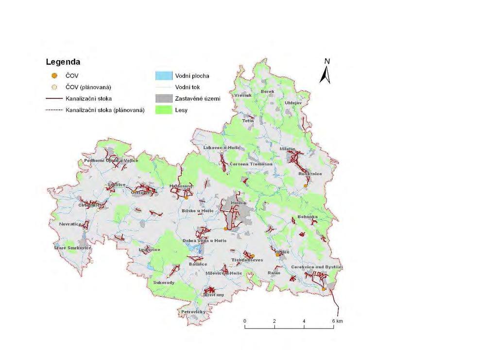 Jednotnou nebo splaškovou kanalizací je vybaveno 24 obcí (Bašnice, Bílsko u Hořic, Boháňka, Bříšťany, Hořice, Cerekvice nad Bystřicí, Holovousy, Jeřice, Lískovice, Miletín, Ostroměř, Podhorní Újezd a