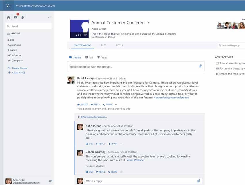 Yammer pro interní komunikaci Základem reputace každé organizace jsou zprávy, které společnost rozesílá mezi zaměstnance a zákazníky.