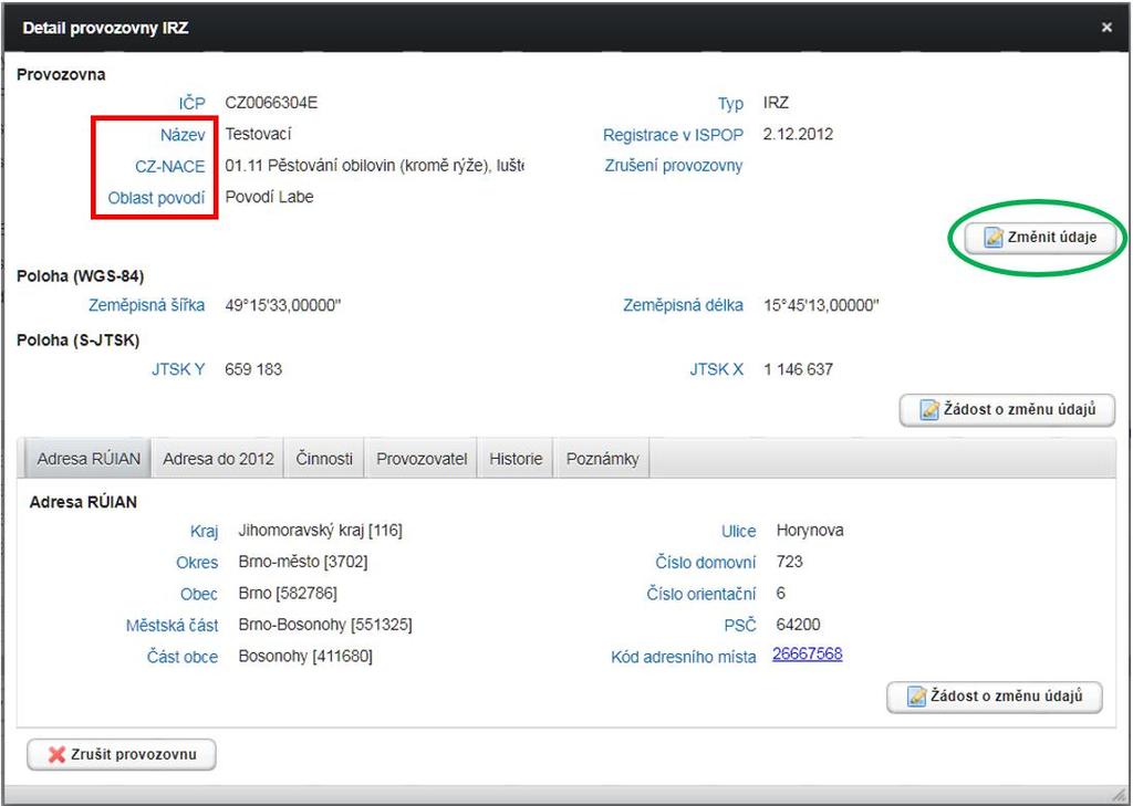 V Detailu lze změnit název provozovny, CZ-NACE a oblast povodí.