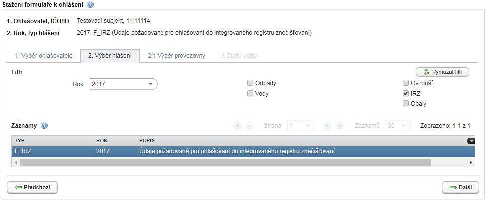 3. Označením zakšrtávacího pole zvolíte agendu (IRZ) v rámci které budete ohlašovat > stahovat formulář. 4.