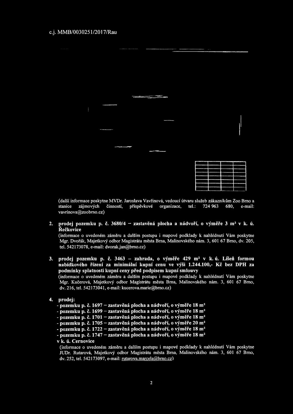 Kučerová, Majetkový odbor Magistrátu města Brna, Malinovského nám. 3, 601 67 Brno, dv. 216, tel. 542173041, e-mail: kucerova.marie@bmo.cz) 4. prodej: - pozemku p. č.