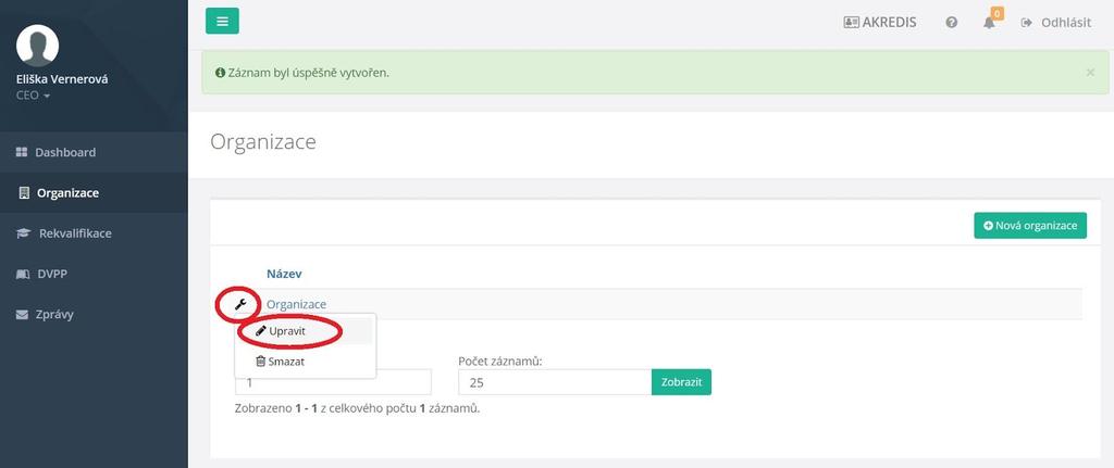 4. Údaje o organizaci je vždy možné upravit kliknutím
