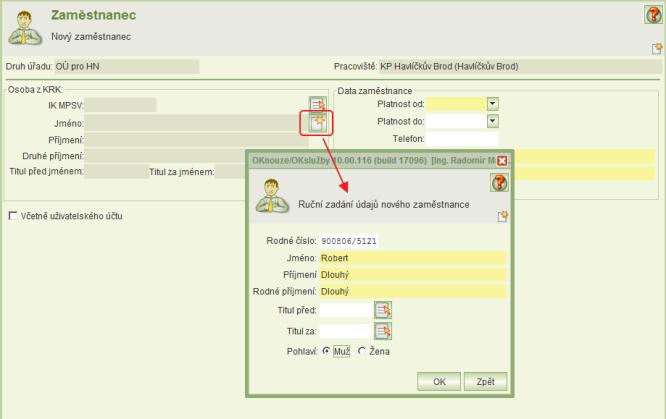 5) Otevře se formulář pro zadání identifikačních údajů nového zaměstnance.