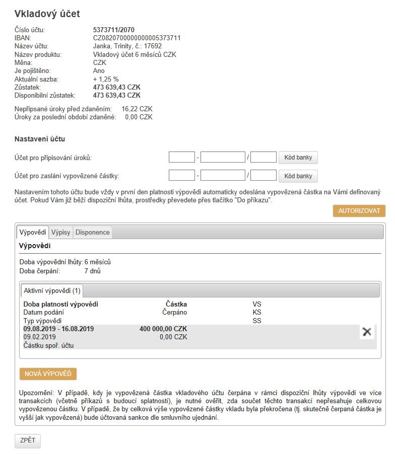 5.2.2. Vkladové účty Při volbě Vkladové účty v menu se zobrazí přehled všech Vašich vkladových účtů, proklikem na červené a podtržené číslo konkrétního účtu se otevře detail vybraného účtu s jeho