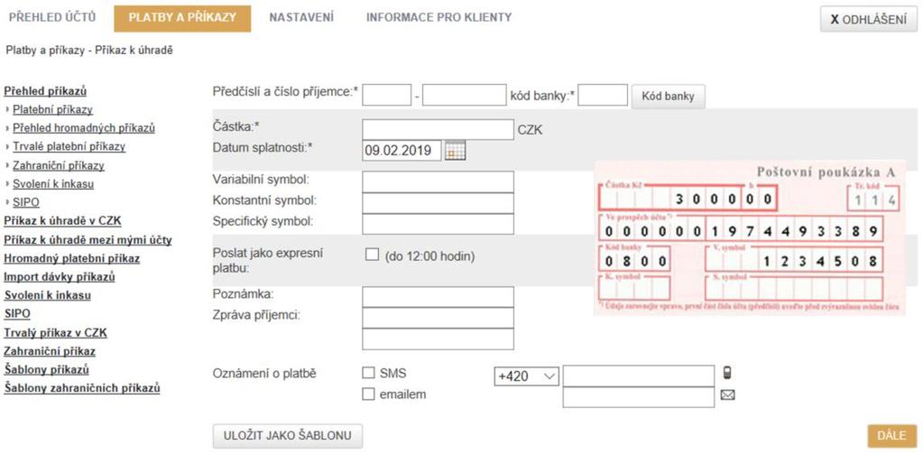 5.3.2. Příkaz k úhradě v CZK Pro podání platebního příkazu je potřeba v menu zvolit Platební příkaz v CZK. Poté vyplníte veškeré povinné náležitosti, které jsou pro přehlednost označeny hvězdičkou.