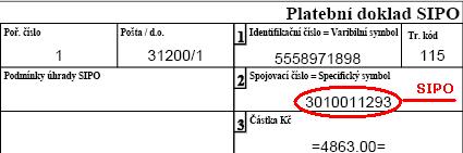50 Inkaso Volba SIPO se používá k zřízení, změně a zrušení povolení úhrady SIPO (sdružené inkasní platby obyvatelstva) na základě spojovacího čísla přiděleného Českou poštou.
