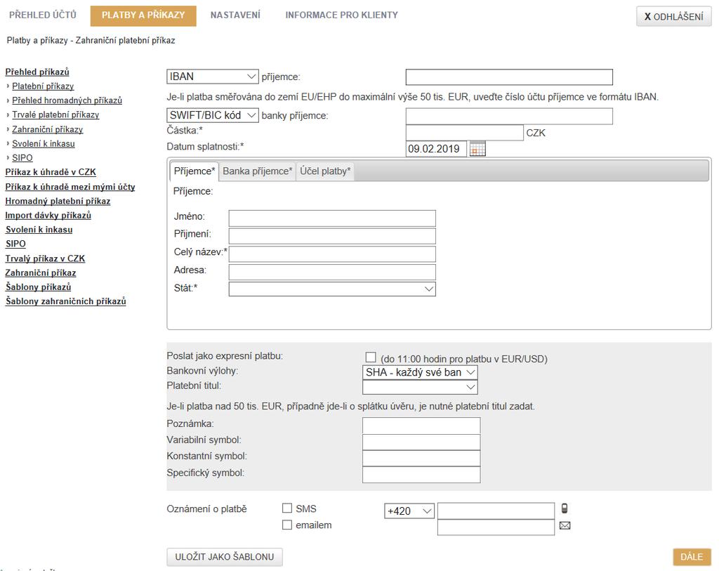 Obrázek č. 53 Zadání zahraničního příkazu Ve spodní části příkazu je možno definovat platbu jako Expresní, nechat si zaslat oznámení o platbě na zvolený kontakt.