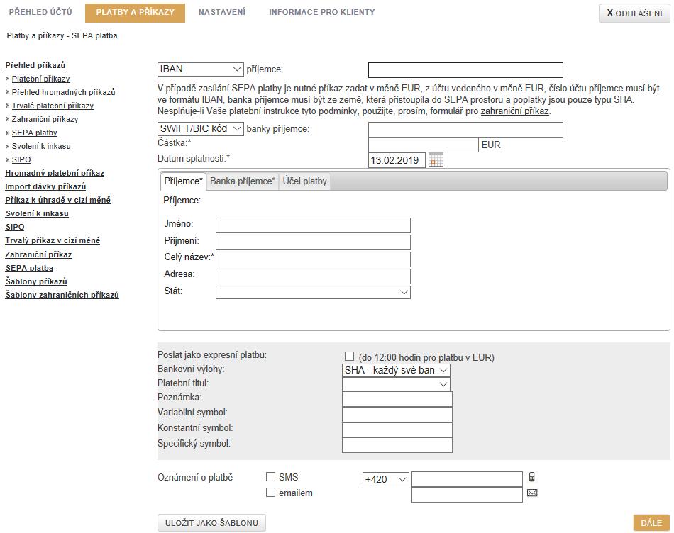 Obrázek č. 56 Zadání SEPA úhrady Na záložce Banka příjemce jsou opět označeny povinné údaje. Obrázek č.