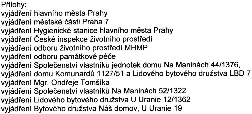 -12- Pøílohy: vyjádøení hlavního mìsta Prahy vyjádøení mìstské èásti Praha 7 vyjádøení Hygienické stanice hlavního mìsta Prahy vyjádøení Èeské inspekce životního