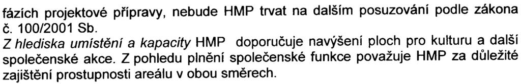 -3- fázích projektové pøípravy, nebude HMP trvat na dalším posuzování podle zákona è. 100/2001 Sb. Z hlediska umístìní a kapacity HMP doporuèuje navýšení ploch pro kulturu a další spoleèenské akce.