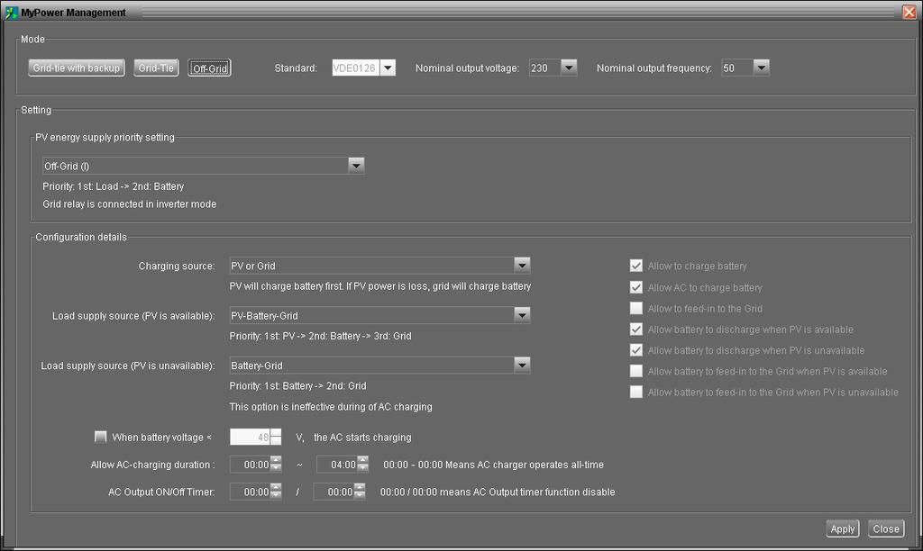 Off-grid Off-grid (I): výchozí off-grid režim. PV energy supply priority setting (priorita PV energie): 1. spotřebiče, 2.