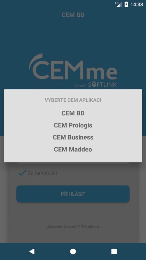 01 PŘIHLÁŠENÍ UŽIVATELE V prvním kroku, při spuštění aplikace, je požadován výběr aplikace CEM: CEM BD pro SVJ a státní správu CEM