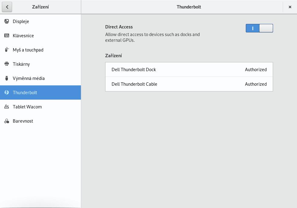 Thunderbolt 3 Správa: bolt (boltctl) - GUI v Gnome3: user level je třeba schvalovat po každém bootu thunderbolt-tools