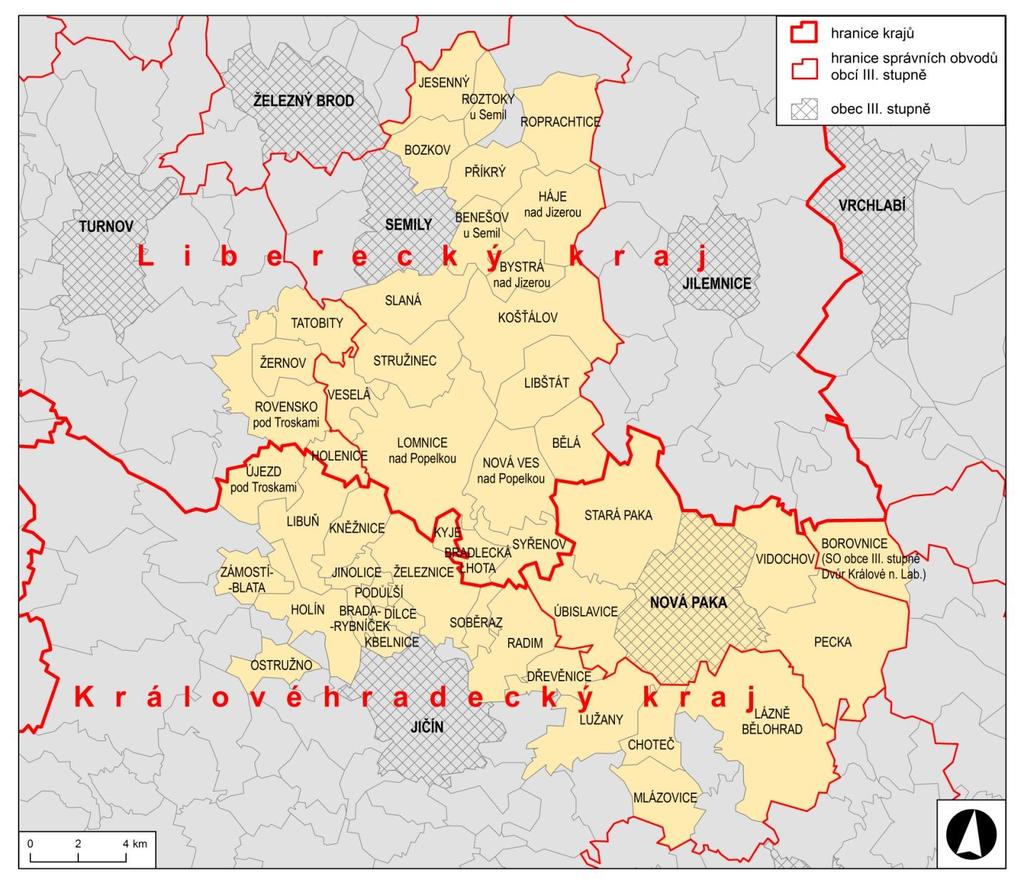 Obrázek 3: Obce MAS Brána do Českého ráje a jejich poloha vůči významným regionálním centrům (zdroj: vlastní šetření, 2015) Celková rozloha MAS po posledním rozšíření v roce 2013 zahrnuje 450,97 km 2