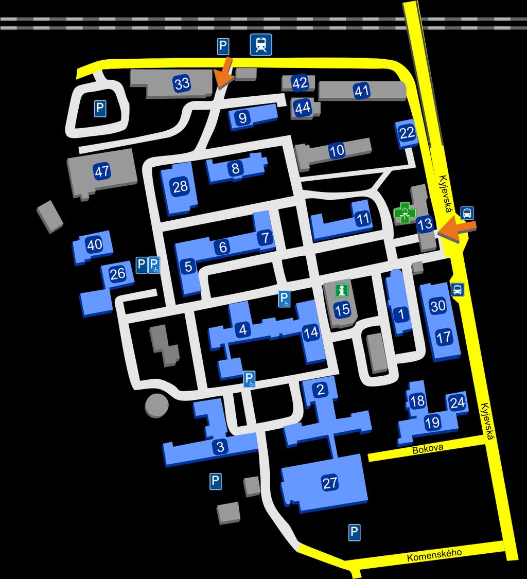 Orientační plánek Pardubické nemocnice Vjezd pro veřejnost do areálu Pardubické nemocnice spodní vrátnice (od železniční trati) - pracovní dny 5.00-20.00 hod.