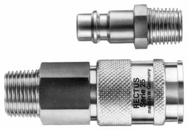 Rychlospojky RECTUS Série 25 N 7,8 N 7,4 Prac tlak: 1800 l/min při vstupním tlaku Pe = 6 bar ( p = 0,5 bar) 35 bar NBR: od -20 C do +100 C EPM: od -40 C do +120/150 C Viton: od -15 C do +200 C