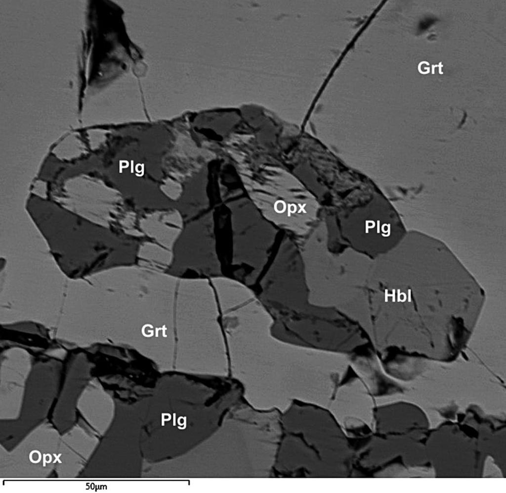 Granát obsahuje uzavřeniny drobných tence sloupcovitých krystalů rutilu (délka do 0.01 mm)