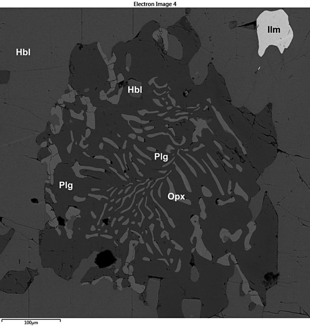 Podle chemického složení odpovídá diopsidu (En 39 Fs 13 Wo 48 ). Ortopyroxen je součástí symplektitů pseudomorfózy (obr. 8).