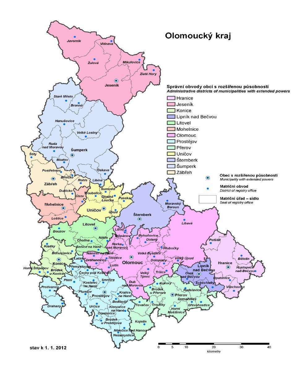 Obrázek 2: Správní členění, Olomoucký kraj, zóna CZ07 Střední Morava, v členění podle ORP (vyznačení měst Olomouckého kraje) Zdroj: ČSÚ