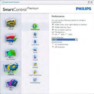 3. Optimalizace Obrazu Nabídka Options (Možnosti) Options (Možnosti)>Preferences (Předvolby) Tato možnost bude aktivní pouze po výběru položky Preferences (Předvolby) v rozevírací nabídce Options