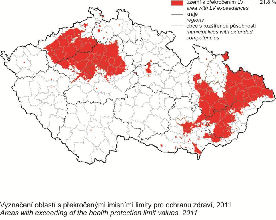 Obr. 1.1 Mapa vyznačující překročení imisních limitů pro ochranu zdraví v roce 2011 v ČR [1] 1.