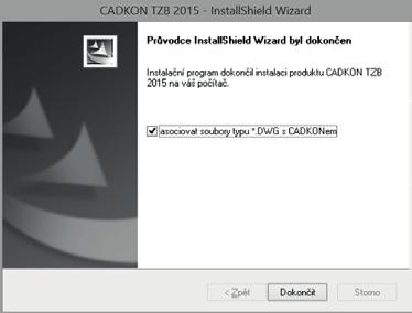 7. Po zkopírování zvolených součástí CADKONu TZB na disk je zobrazen závěrečný dialog Průvodce InstallShield Wizard byl dokončen.