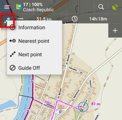 2019/02/15 03:22 11/14 Akční menu Informace - zobrazí okno podrobností o trase Nejbližší bod - začne navádět na nejbližší bod trasy (nemusí to být na její počáteční bod) Další bod - začne navádět na