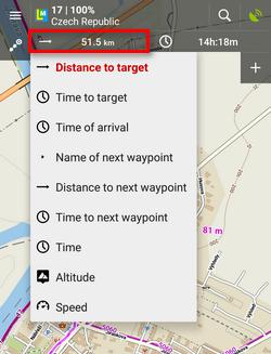 Poklepem otevřete nabídku údajů, které zde můžete zobrazit: Vzdálenost do cíle (výchozí údaj) Čas k cíli - odhad času na trase, vypočtený z dosavadní průměrné rychlosti Čas příjezdu - odhadovaný čas