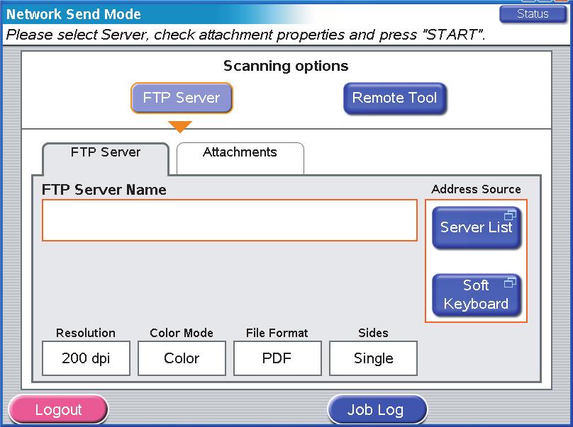 REŽIM ODESLÁNÍ DO SÍTĚ SKENOVÁNÍ NA SERVER FTP Shrnutí hlavních kroků: (a) (b) (c) (d) (e) Stiskněte tlačítko SCAN TO NETWORK (Skenovat do sítě). Stiskněte tlačítko FTP Server (výchozí nastavení).