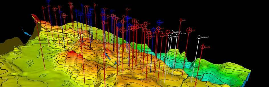 3D geologický model zásobníkové struktury PZP Lobodice se zobrazenými vrty realizovanými v