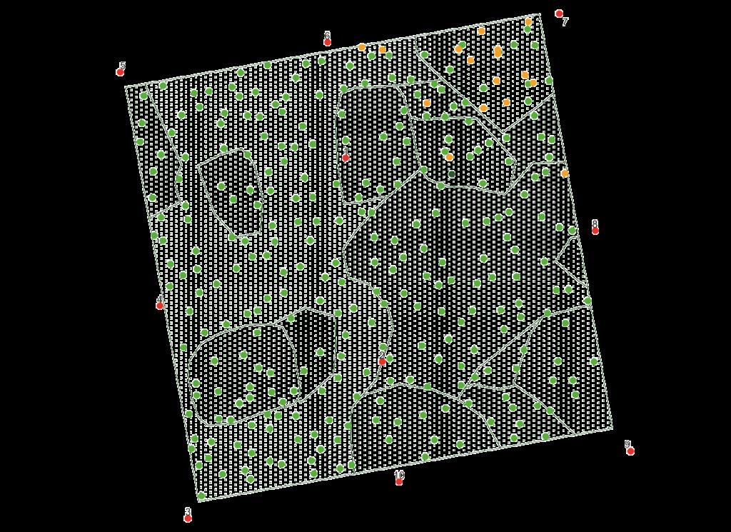 Mapa demonstrační plochy s pozicemi zaujatých stromů Legenda: 2.3 