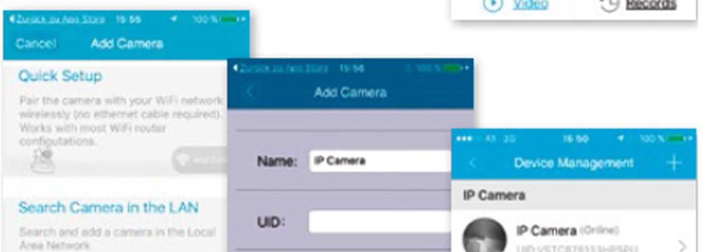 3 Přidání kamery pomocí software z AppStore Pro přidání nové kamery klikněte na + vpravo nahoře, vyberte IP