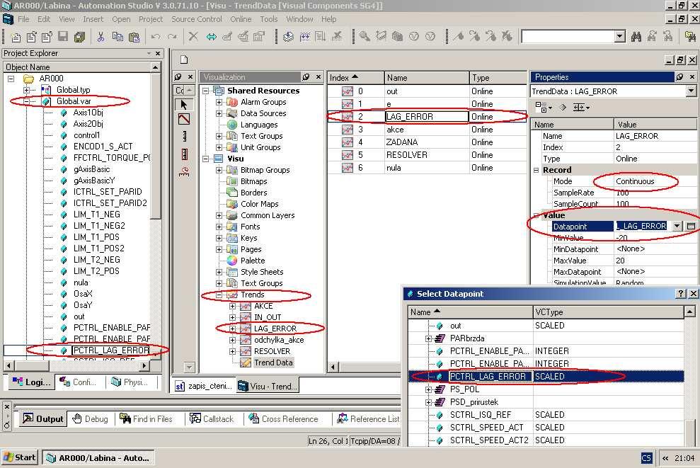 27 Obrázek 3.4 Vytvoření grafů a datových zástupců Červeně zakroužkované zde vidíme z leva globální proměnnou PCTRL_LAG_ERROR typu boolean, kterou chceme v grafu zobrazit.