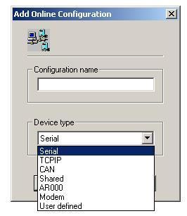 online spojení s řídicím systémem se provádí výběrem ze seznamu v Online Configuration.
