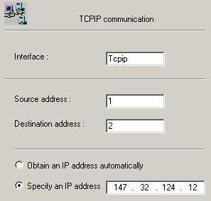 komunikace například Ethernet a vybrat její typ TCPIP), potom nastavit potřebné parametry jako se definují při
