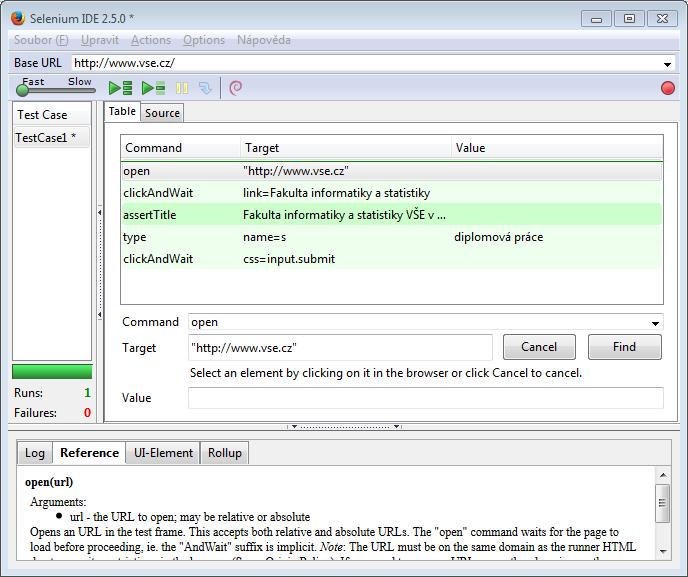 3 Automatizované testování softwaru Obrázek 3: Ukázka okna aplikace Selenium IDE Díky své jednoduchosti však Selenium IDE není vhodné pro komplexnější testování aplikací, neboť neposkytuje takové