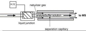 CE/MS Spojení s vodivým kapalným spojením CE kapilára nedosahuje do špičky elektrospreje, ale končí v