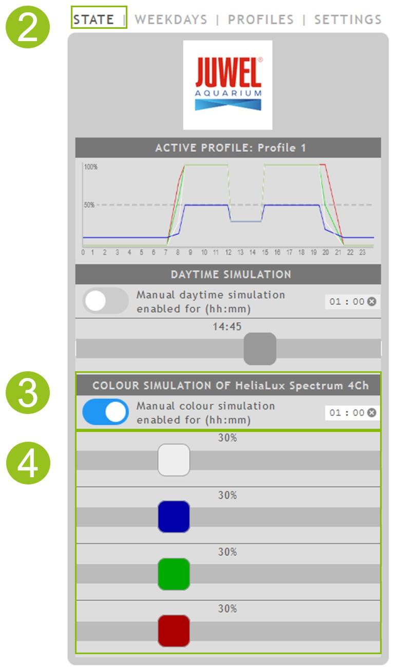 Ruční ovládání barev světla Aktivace ručního ovládání: 1. Vytvořte spojení s uživatelským rozhraním ovladače HeliaLux SmartControl.