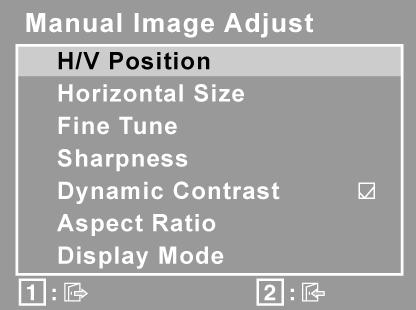 Ovládací prvek Popis Manual Image Adjust (Ruční nastavení obrazu) zobrazí nabídku ručního nastavení obrazu H./V.