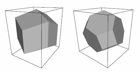 Obr. 4.1. Tvary solvatačních boxů kosočtverečný dvanáctistěn a komolý osmistěn [8, s.13]. Amber Solvatace se provádí pomocí solvatebox nebo solvateoct. Vytvoří se tím box s rozpouštědlem.