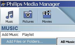 C3 Použijte UPnP 1 Ověřte, že je v PC nainstalován program Philips Media Manager (PMM) 2 PMM spustíte poklepáním na ikonu, pokud byla vytvořena 3 Při prvním spuštění PMM klepněte na Add Music > Add