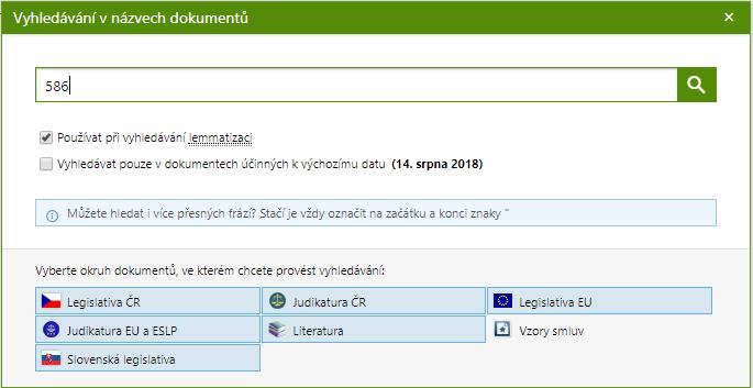 3.5 Otevření dokumentu dle čísla nebo názvu Dalším z účinných způsobů vyhledávání dokumentů v produktu CODEXIS ONLINE je za využití nástroje Vyhledávání v názvech dokumentů.