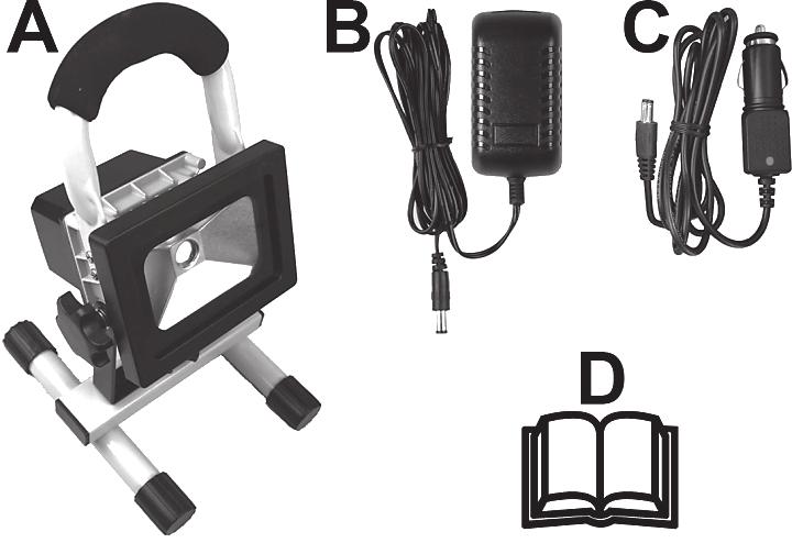 2. Lieferumfang A B C D Akku LED-Strahler Powerfix PLS 10 A3 Steckerladegerät 12 V/24 V Kfz-Ladekabel Diese Bedienungsanleitung (Symbolbild) Diese Bedienungsanleitung ist mit einem ausklappbaren